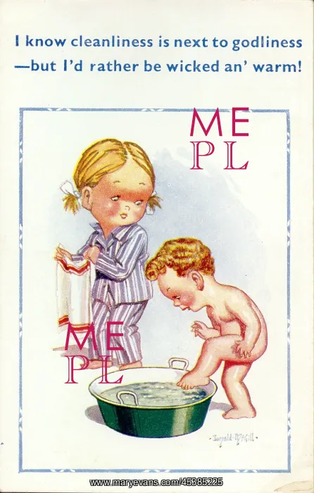: Comic postcard, Girl and boy at bathtime : Comic postcard, Girl and boy at bathtime