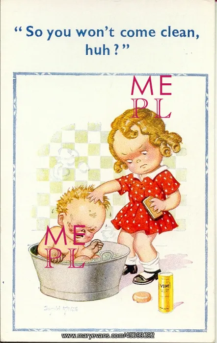 : Comic postcard, Girl and boy at bathtime : Comic postcard, Girl and boy at bathtime