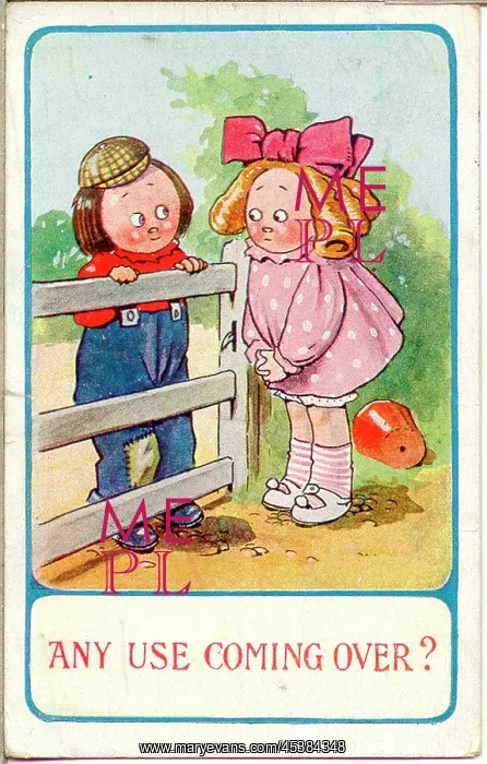 : Comic postcard, Girl and boy chat over a gate : Comic postcard, Girl and boy chat over a gate