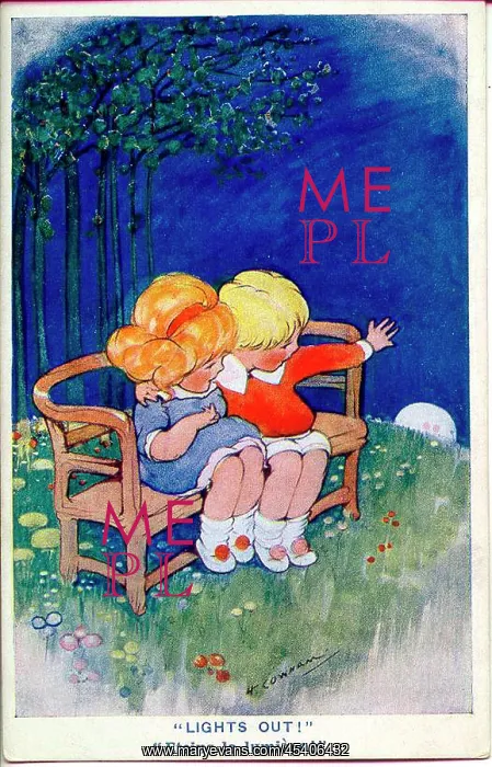 : Comic postcard, girl and boy on park bench at night : Comic postcard, girl and boy on park bench at night