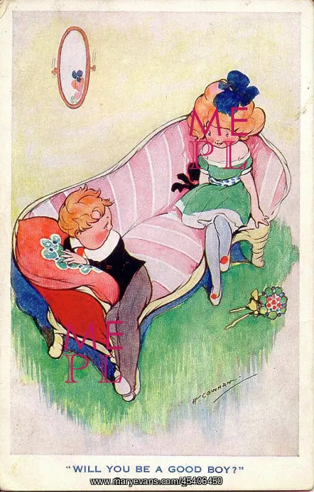 : Comic postcard, girl and boy on a sofa : Comic postcard, girl and boy on a sofa