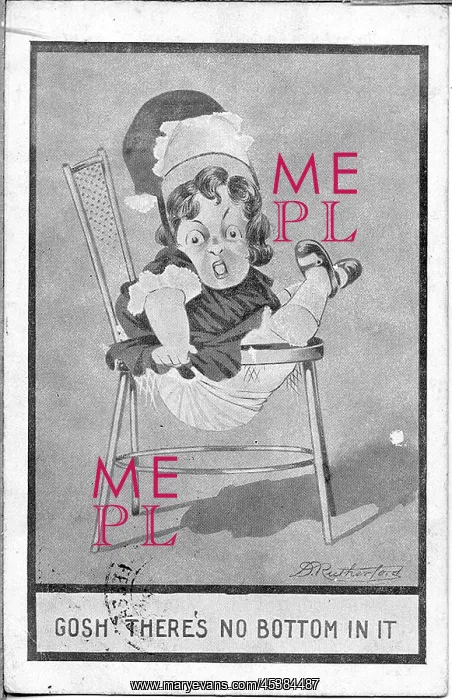 : Comic postcard, Girl slips through chair : Comic postcard, Girl slips through chair