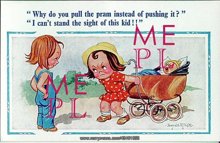 : Comic postcard, Girls with crying baby in a pram : Comic postcard, Girls with crying baby in a pram