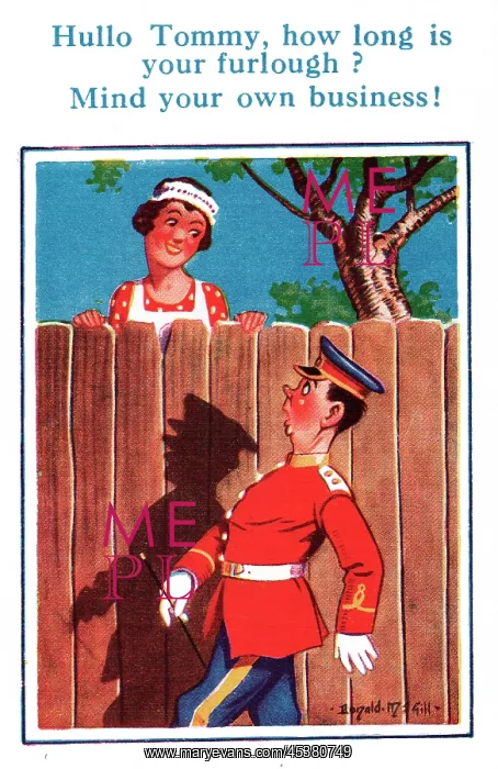 : Comic postcard, Guardsman and maid, WW2 : Comic postcard, Guardsman and maid, WW2