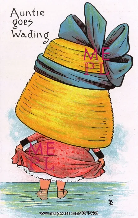 : Comic Postcard - Hat theme - Auntie Goes Wading : Comic Postcard - Hat theme - Auntie Goes Wading