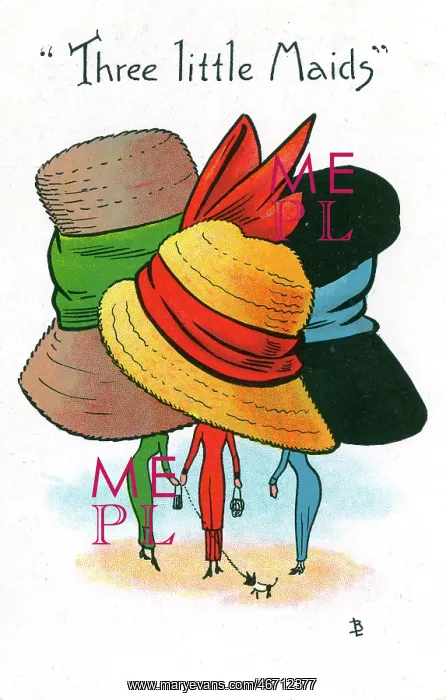 : Comic Postcard - Hat theme - Three Little Maids : Comic Postcard - Hat theme - Three Little Maids