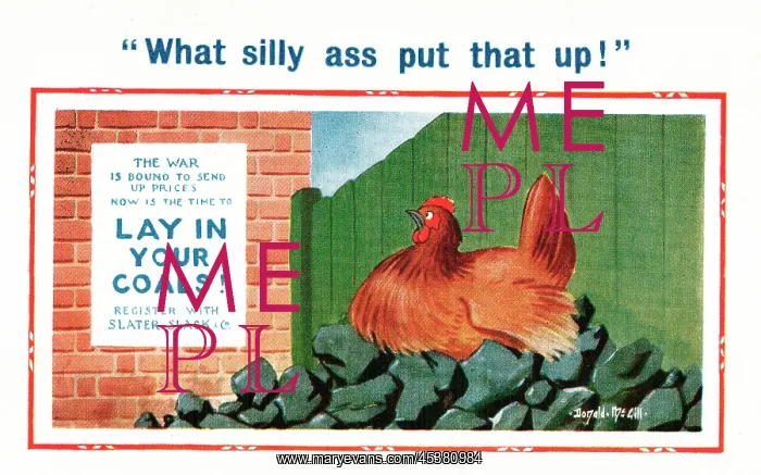  : Comic postcard, hen laying in coals, WW2