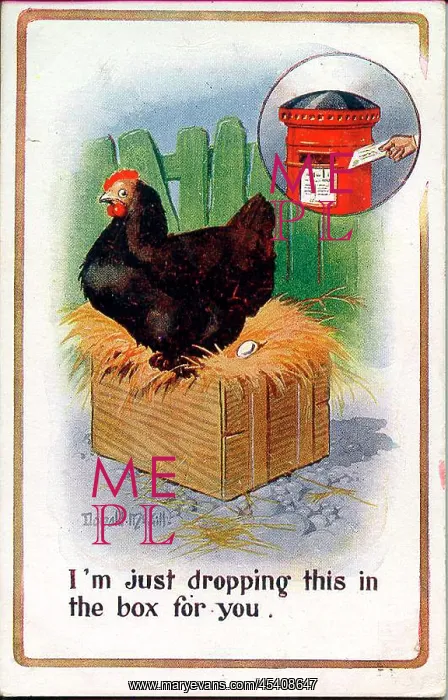 : Comic postcard, hen laying an egg, with pillar box inset : Comic postcard, hen laying an egg, with pillar box inset