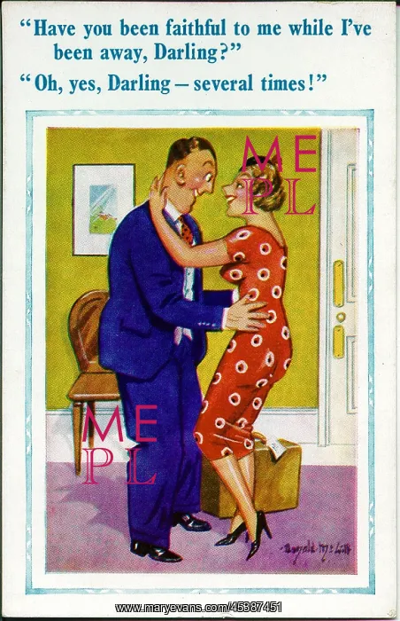 : Comic postcard, Husband returns home to wife : Comic postcard, Husband returns home to wife
