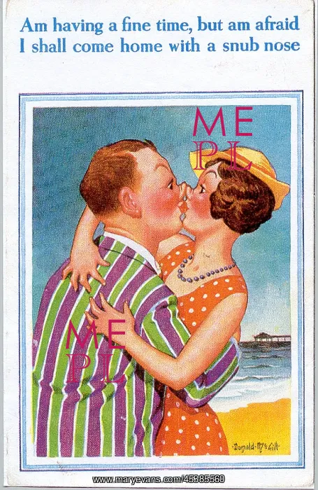 : Comic postcard, Kissing couple at the seaside : Comic postcard, Kissing couple at the seaside