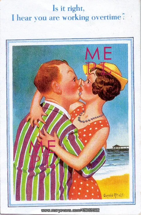 : Comic postcard, Kissing couple at the seaside : Comic postcard, Kissing couple at the seaside
