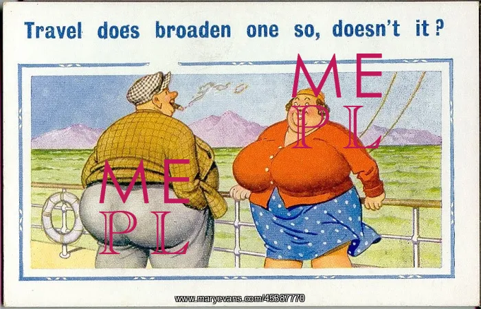 : Comic postcard, Large couple on deck of ship : Comic postcard, Large couple on deck of ship