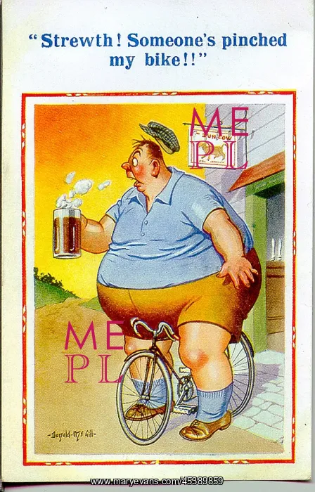: Comic postcard, Large man with beer and bicycle : Comic postcard, Large man with beer and bicycle