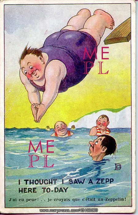 : Comic postcard, Large man diving into the sea, WW1 : Comic postcard, Large man diving into the sea, WW1