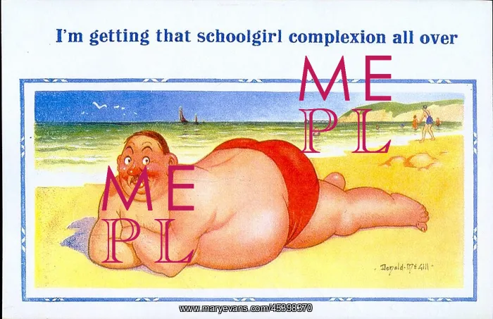 : Comic postcard, Large man sunbathing at the seaside : Comic postcard, Large man sunbathing at the seaside