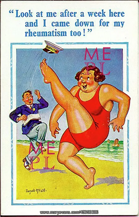 : Comic postcard, Large woman on the beach : Comic postcard, Large woman on the beach