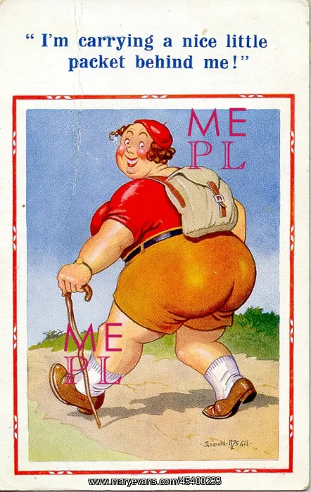 : Comic postcard, Large woman hiking : Comic postcard, Large woman hiking