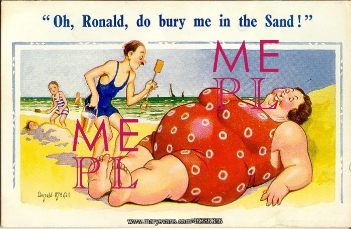 : Comic postcard, Large woman in red swimsuit on the beach : Comic postcard, Large woman in red swimsuit on the beach