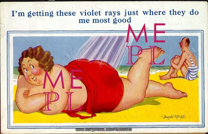: Comic postcard, Large woman sunbathing at the seaside : Comic postcard, Large woman sunbathing at the seaside