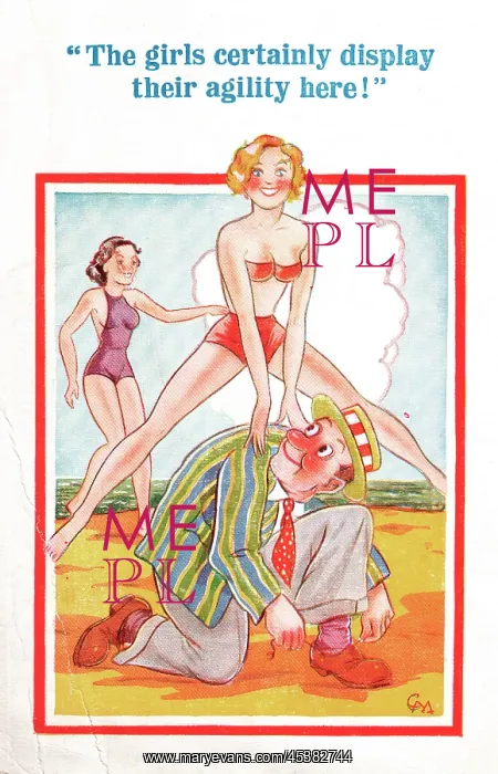 : Comic postcard, Leapfrogging on the beach : Comic postcard, Leapfrogging on the beach