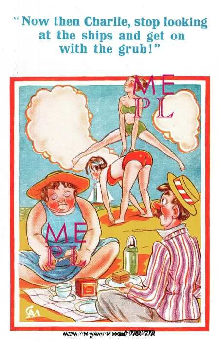 : Comic postcard, Leapfrogging on the beach : Comic postcard, Leapfrogging on the beach