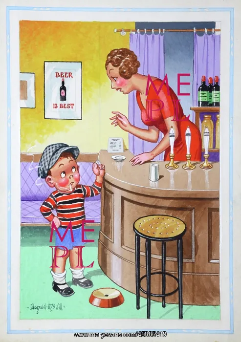 : Comic postcard, Little boy and barmaid in a pub : Comic postcard, Little boy and barmaid in a pub