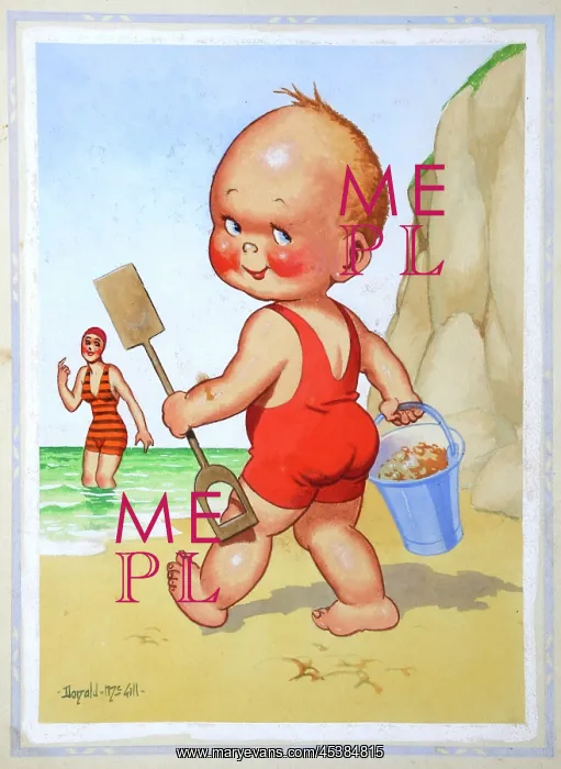 : Comic postcard, Little boy on the beach : Comic postcard, Little boy on the beach
