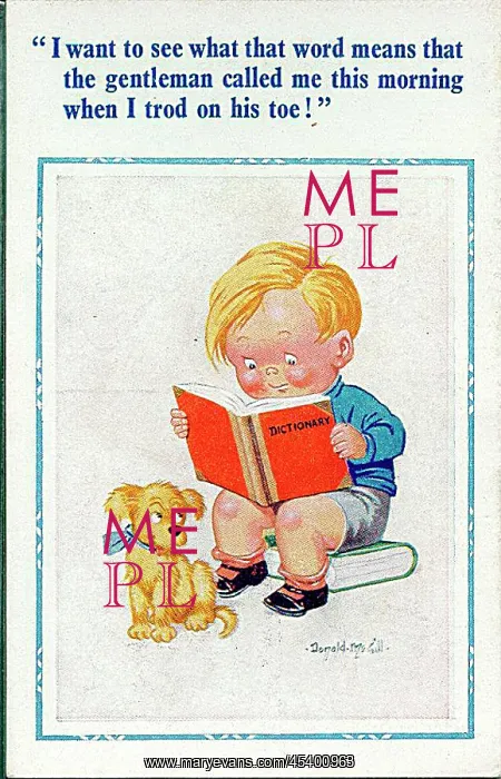 : Comic postcard, Little boy checks word in dictionary : Comic postcard, Little boy checks word in dictionary