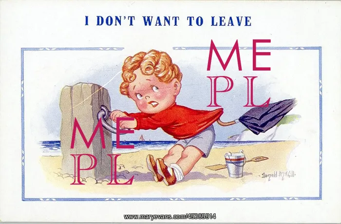 : Comic postcard, Little boy clinging to post on the beach : Comic postcard, Little boy clinging to post on the beach