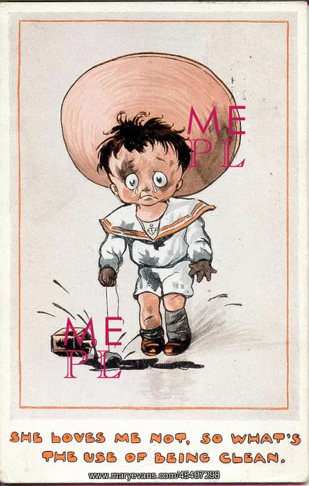 : Comic postcard, Little boy covered in ink : Comic postcard, Little boy covered in ink