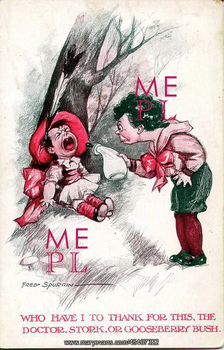 : Comic postcard, Little boy and crying baby : Comic postcard, Little boy and crying baby