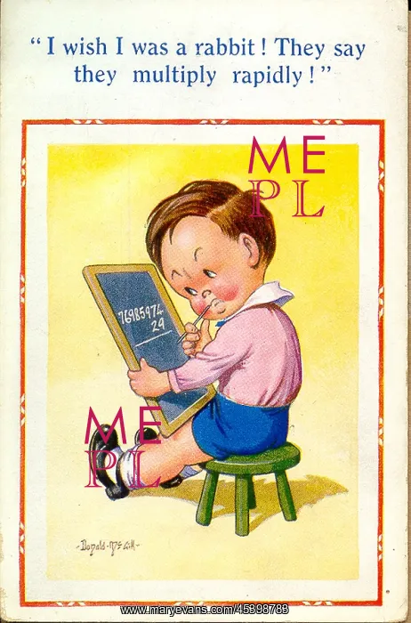 : Comic postcard, Little boy doing multiplication : Comic postcard, Little boy doing multiplication