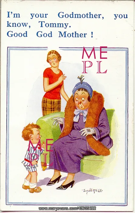 : Comic postcard, Little boy meets his godmother : Comic postcard, Little boy meets his godmother
