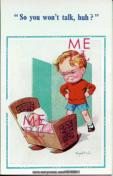 : Comic postcard, Little boy with new baby : Comic postcard, Little boy with new baby