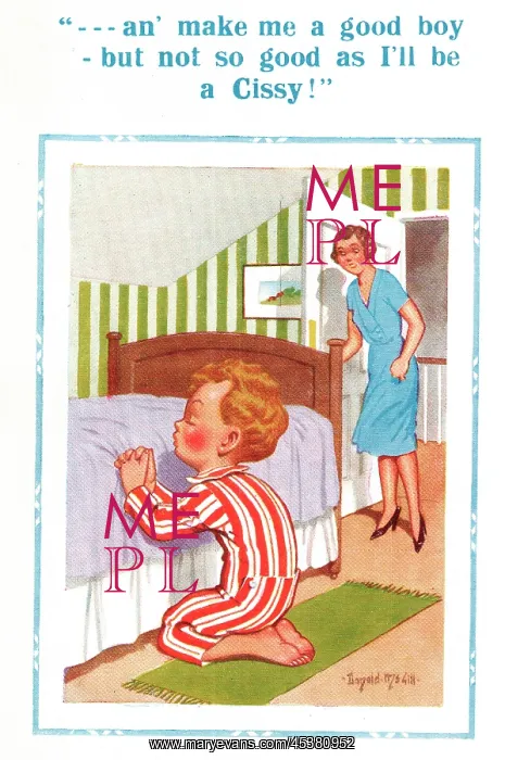 : Comic postcard, Little boy praying by his bed : Comic postcard, Little boy praying by his bed