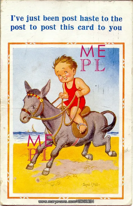 : Comic postcard, Little boy riding a donkey on the beach : Comic postcard, Little boy riding a donkey on the beach