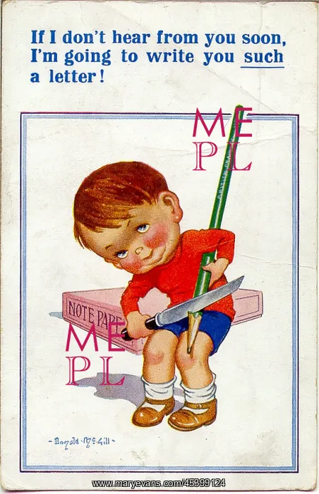 : Comic postcard, Little boy sharpening large pencil : Comic postcard, Little boy sharpening large pencil
