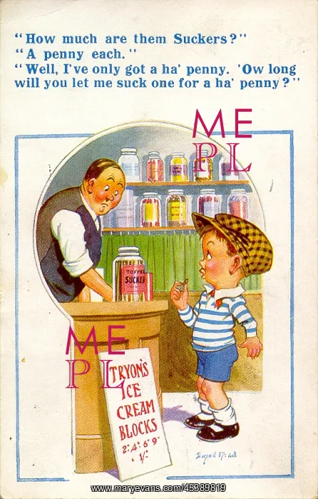 : Comic postcard, Little boy and shopkeeper : Comic postcard, Little boy and shopkeeper