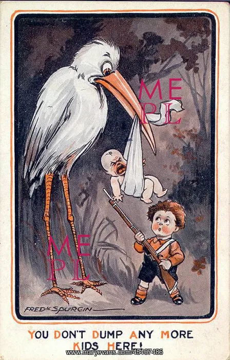 : Comic postcard, Little boy with stork and baby : Comic postcard, Little boy with stork and baby