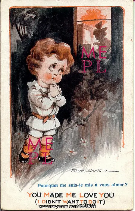 : Comic postcard, Little boy watching girl through window : Comic postcard, Little boy watching girl through window