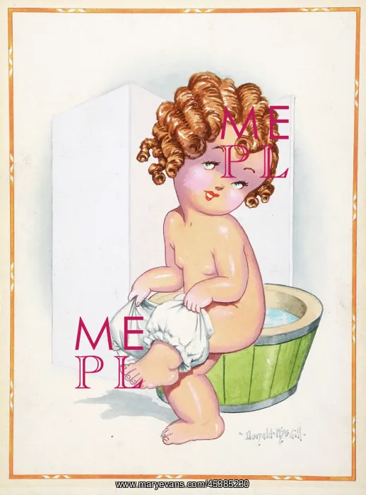 : Comic postcard, Little girl at bathtime : Comic postcard, Little girl at bathtime