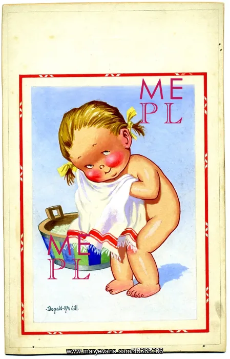 : Comic postcard, Little girl at bathtime : Comic postcard, Little girl at bathtime
