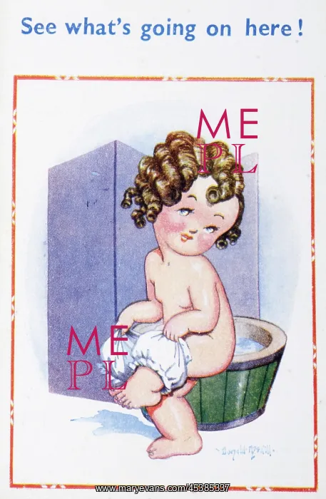 : Comic postcard, Little girl at bathtime : Comic postcard, Little girl at bathtime