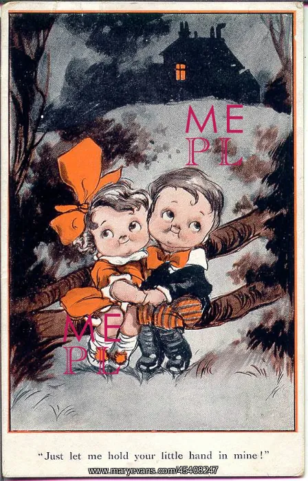 : Comic postcard, Little girl and boy holding hands : Comic postcard, Little girl and boy holding hands