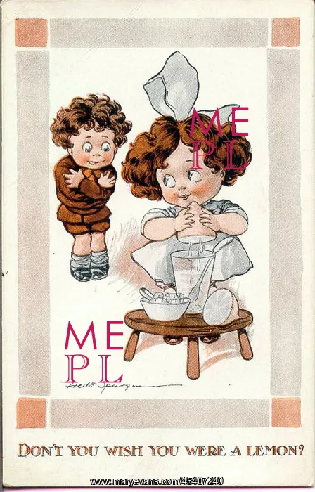 : Comic postcard, Little girl and boy with lemon : Comic postcard, Little girl and boy with lemon