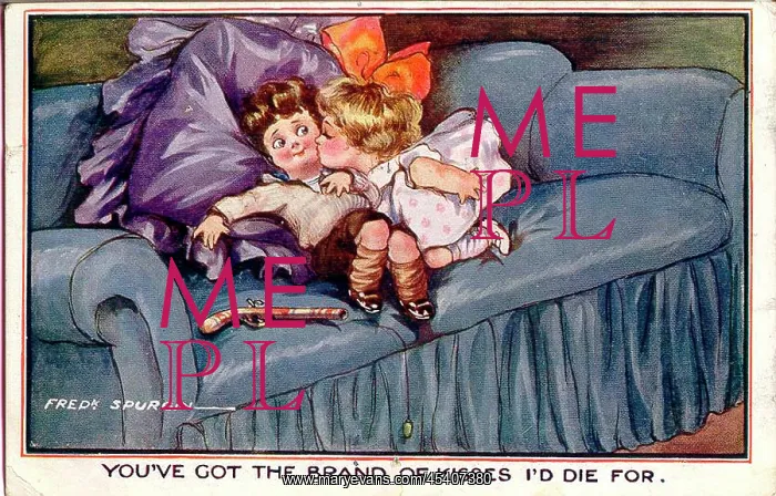 : Comic postcard, Little girl and boy on a sofa : Comic postcard, Little girl and boy on a sofa