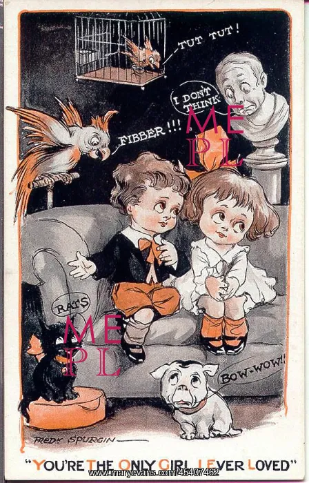 : Comic postcard, Little girl and boy on a sofa, with audience : Comic postcard, Little girl and boy on a sofa, with audience