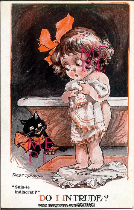 : Comic postcard, Little girl and cat in bathroom : Comic postcard, Little girl and cat in bathroom