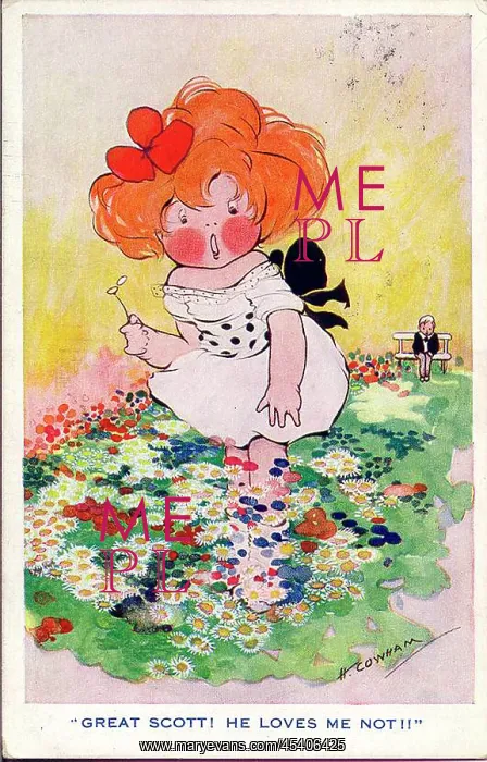 : Comic postcard, little girl with daisies : Comic postcard, little girl with daisies
