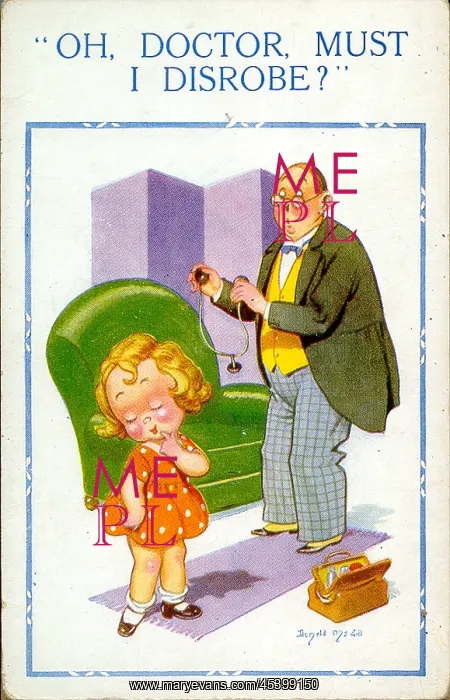 : Comic postcard, Little girl at the doctor's : Comic postcard, Little girl at the doctor's